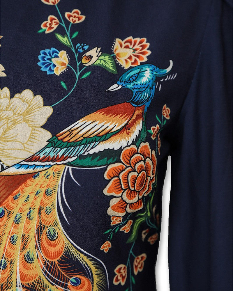 Peacock Print Cutout Back Bishop Sleeve Dress