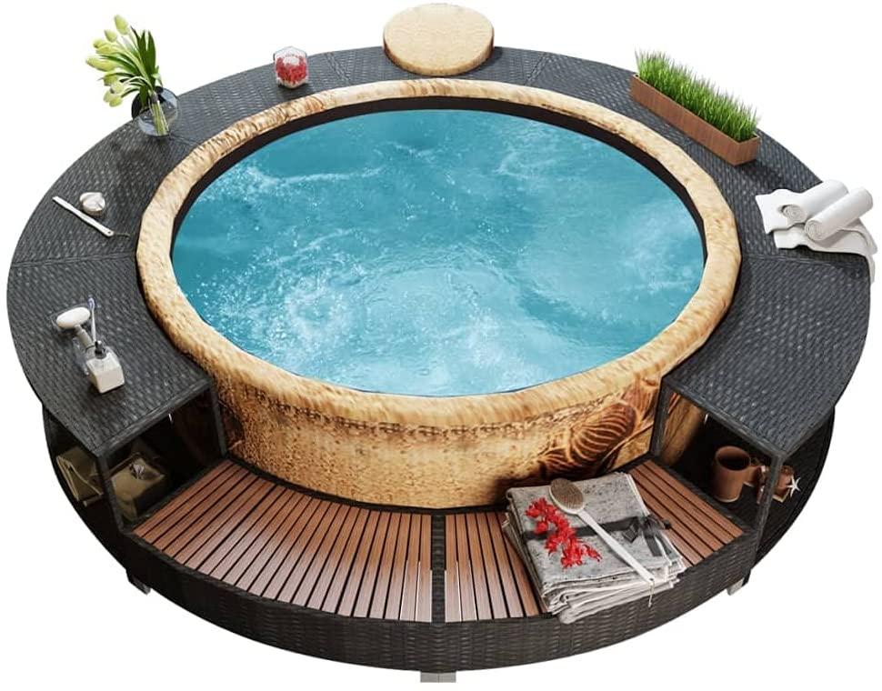 NusGear Spa Surround Poly Rattan Black, Frame: Powder-Coated Steel + Eucalyptus Tropical Hardwood -454