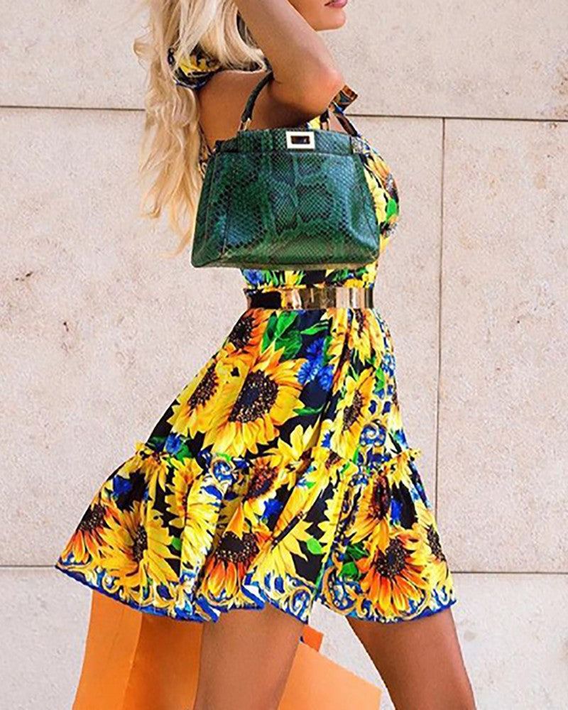 Tied Detail Sunflower Print Dress Without Belt