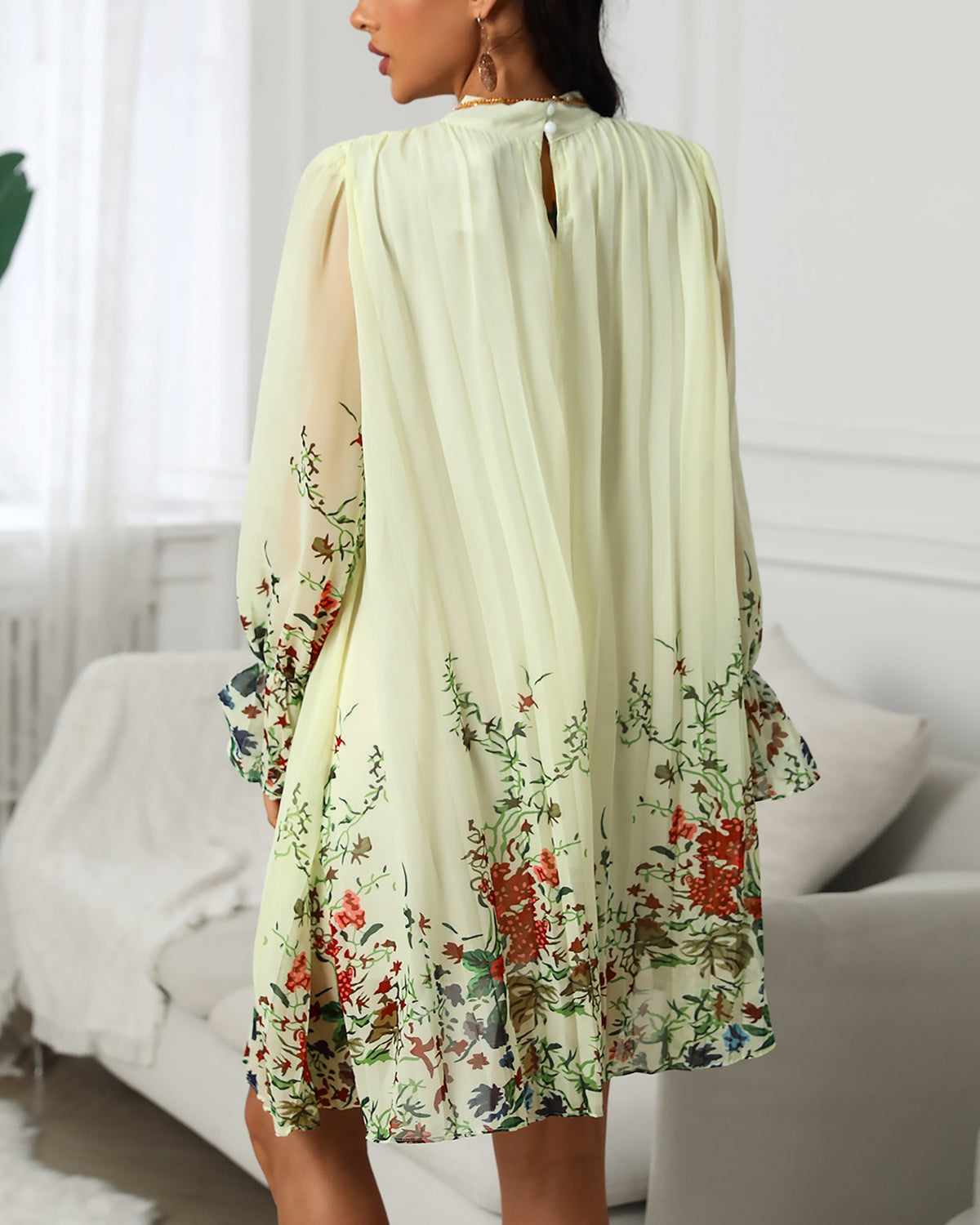 Florla Print Bell Cuff Ruched Casual Dress