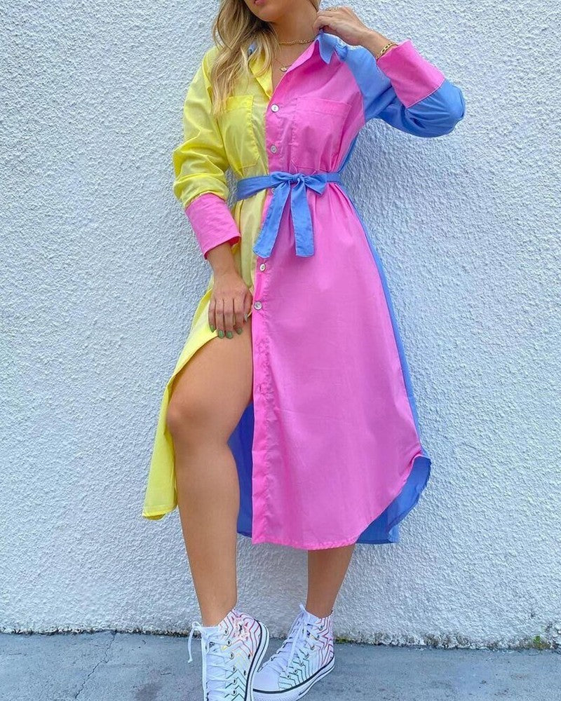 Color Button Front Logn Sleeve Slit Shirt Dress