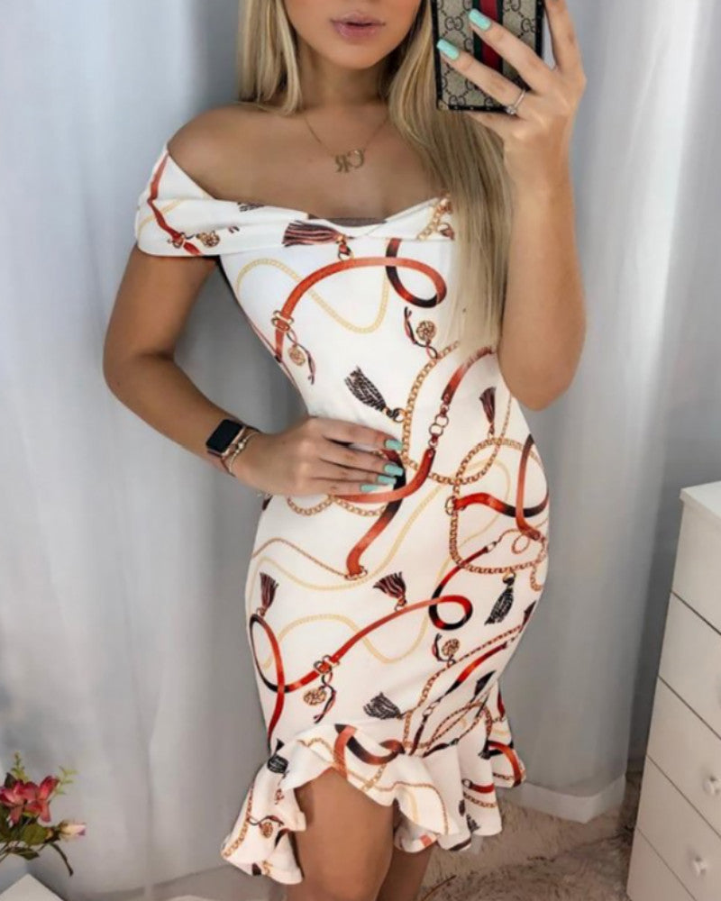 Chain Print Off Shoulder Irregular Ruffles Dress