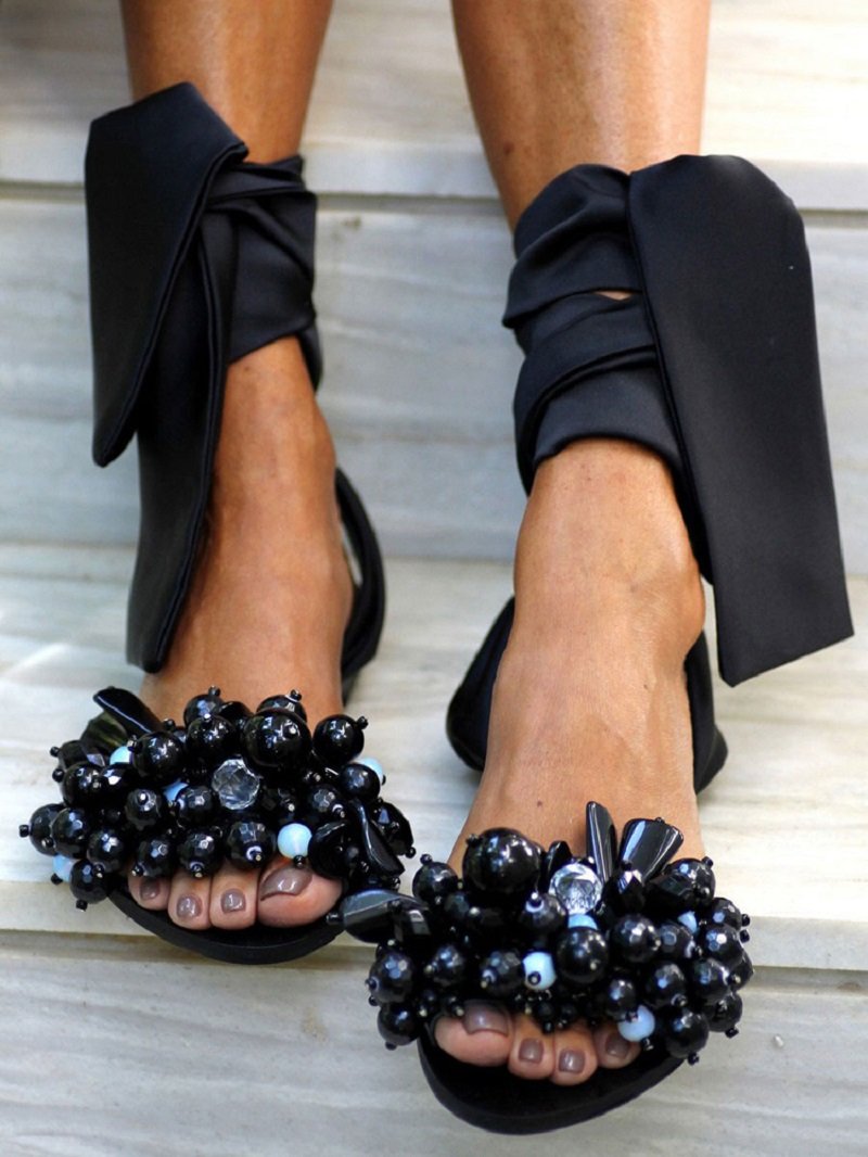 Fashion Women Ankle Strap Beaded Flat Sandals