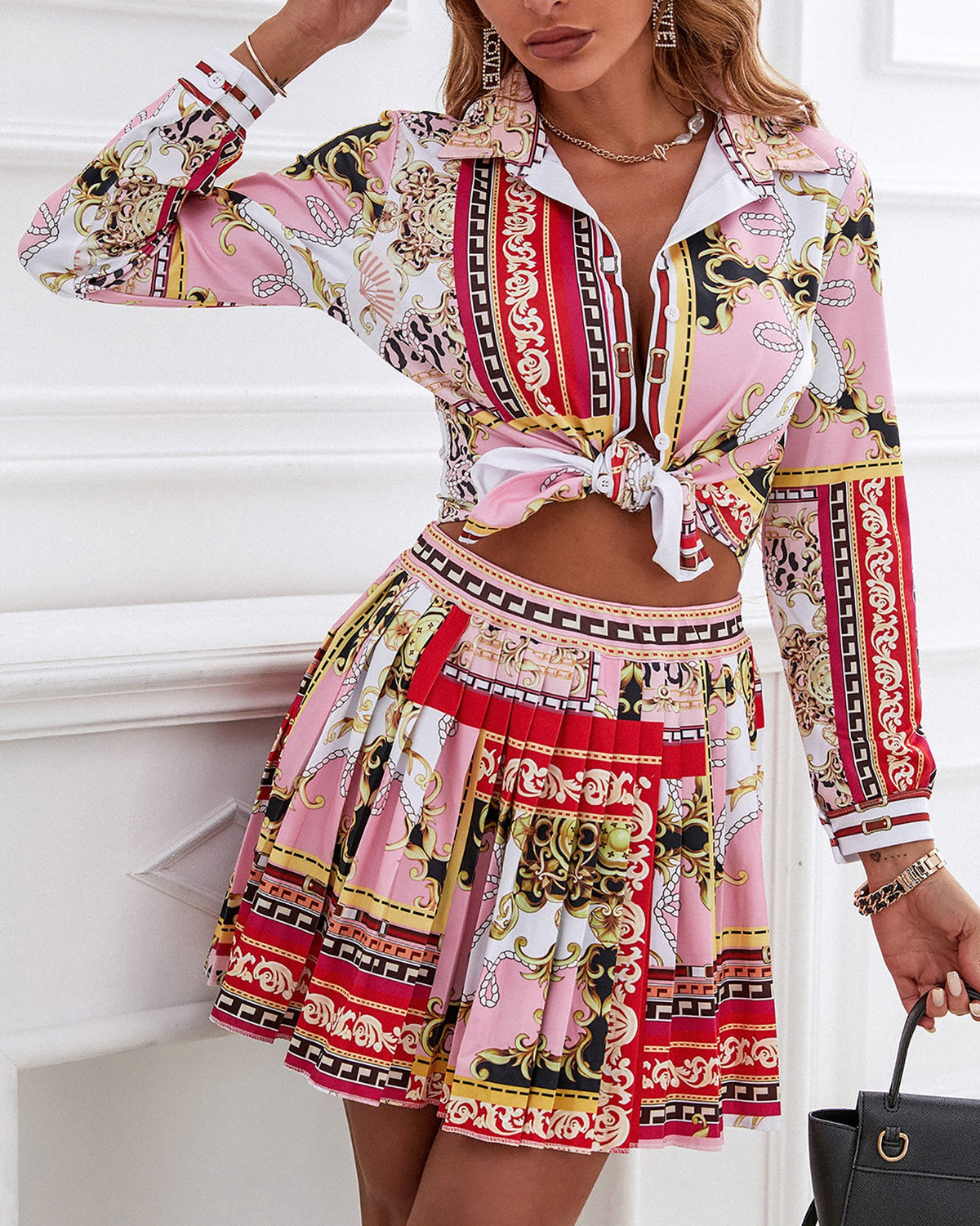 Scarf Print Button Design Shirt & Pleated Skirt Set
