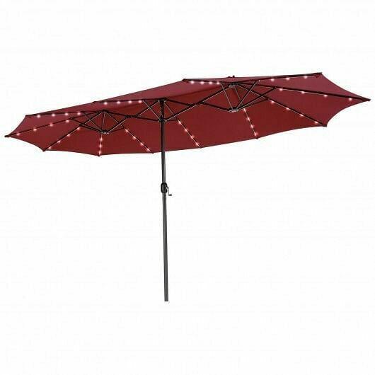 15 Feet Twin Patio Umbrella with 48 Solar LED Lights-Wine - Color: Wine