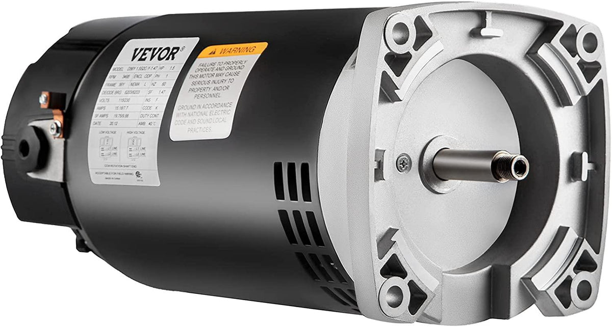 VEVOR 1.5 HP, 3495 RPM, 1 Speed, 230/115 Volts, 9.88/19.75 Amps, 1.47 Service Factor, 56Y Frame, PSC, ODP Enclosure, Square Flange Pool Motor, Swimming Pool Pump Motor, Replacement Pool Motor Kit