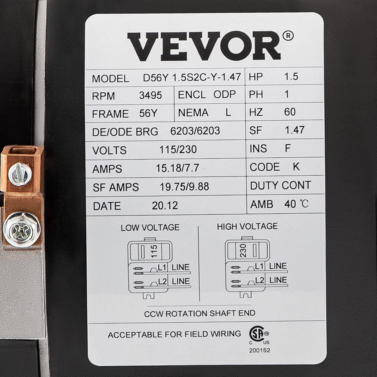 VEVOR 1.5 HP, 3495 RPM, 1 Speed, 230/115 Volts, 9.88/19.75 Amps, 1.47 Service Factor, 56Y Frame, PSC, ODP Enclosure, Square Flange Pool Motor, Swimming Pool Pump Motor, Replacement Pool Motor Kit