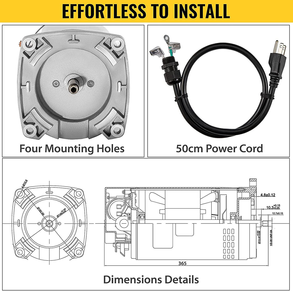 VEVOR 1.5 HP, 3495 RPM, 1 Speed, 230/115 Volts, 9.88/19.75 Amps, 1.47 Service Factor, 56Y Frame, PSC, ODP Enclosure, Square Flange Pool Motor, Swimming Pool Pump Motor, Replacement Pool Motor Kit