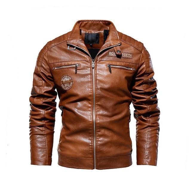 Leather Jacket Men Winter Fleece Motorcycle Stand Collar Casual Windbreaker