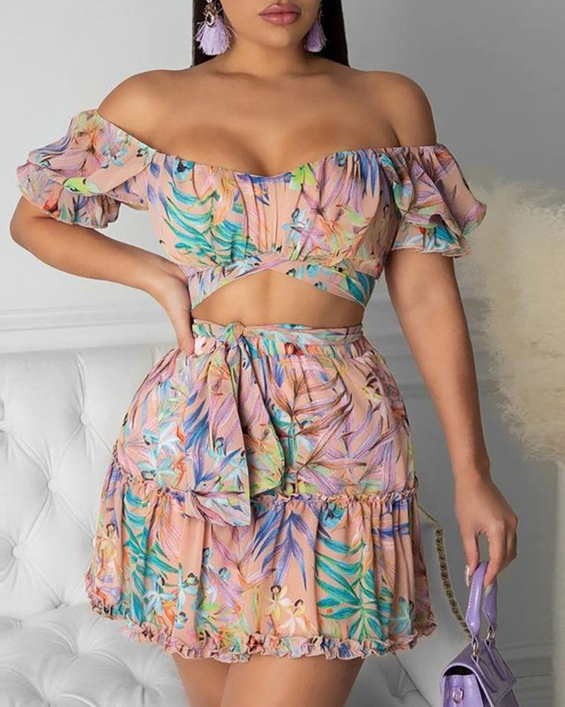 Off Shoulder Floral Print Crop Top & Tied Detail Skirt Sets