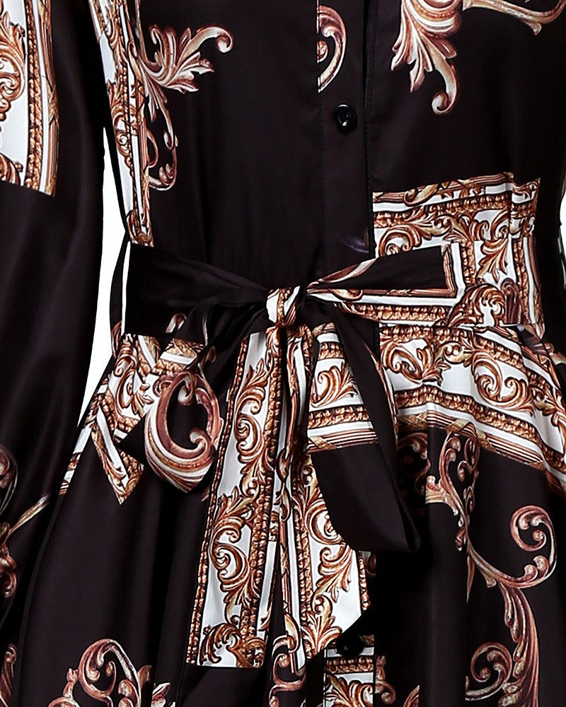 Baroque Print Lantern Sleeve Maxi Dress