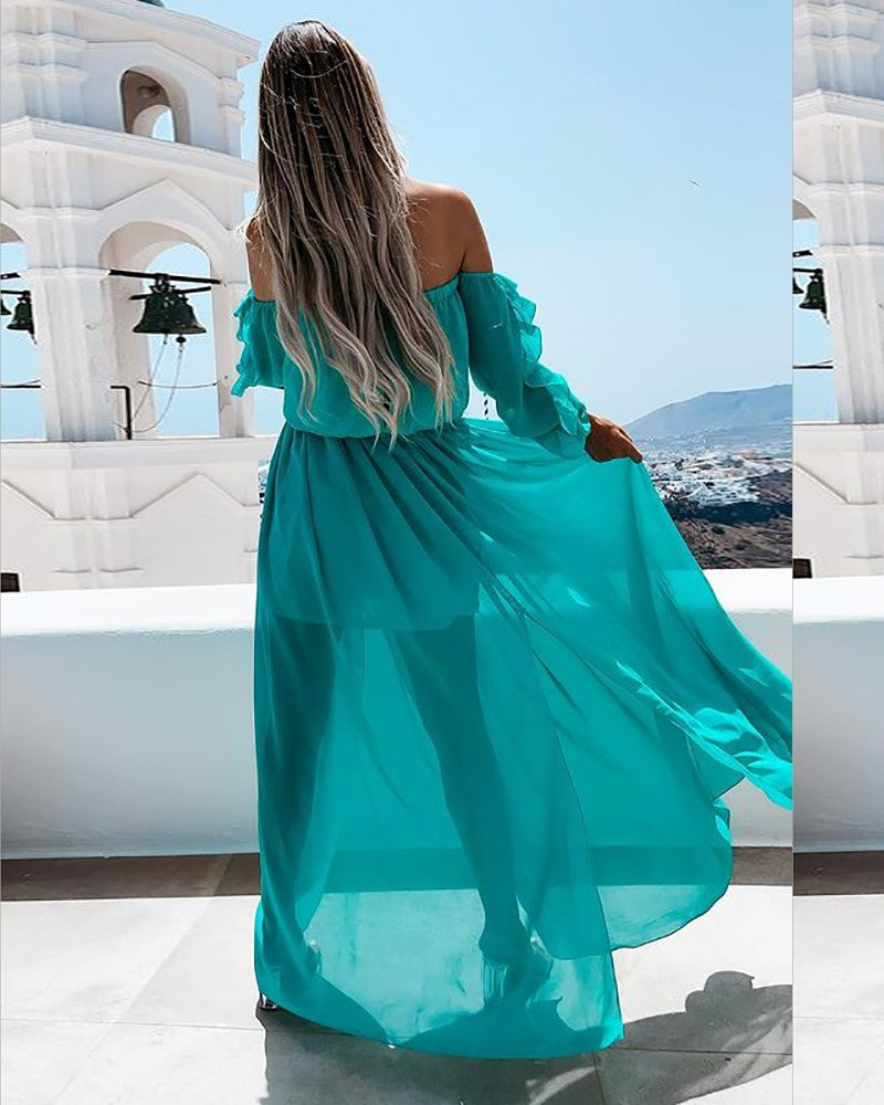 Off Shoulder Ruffle Hem High Slit Maxi Dress