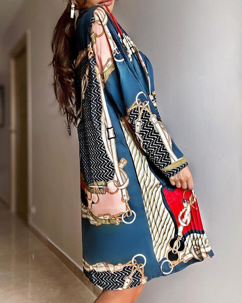 Chain Print Long Sleeve Ruched Shirt Dress