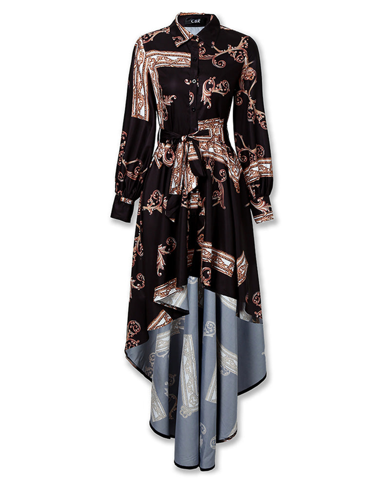 Baroque Print Lantern Sleeve Maxi Dress