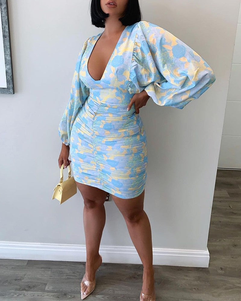 Floral Pattern Print Lantern Sleeve Ruched Bodycon Dress Sexy V-neck Dress