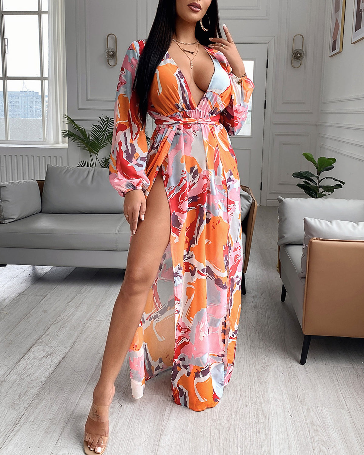 Color High Slit Plunge Lantern Sleeve Maxi Dress