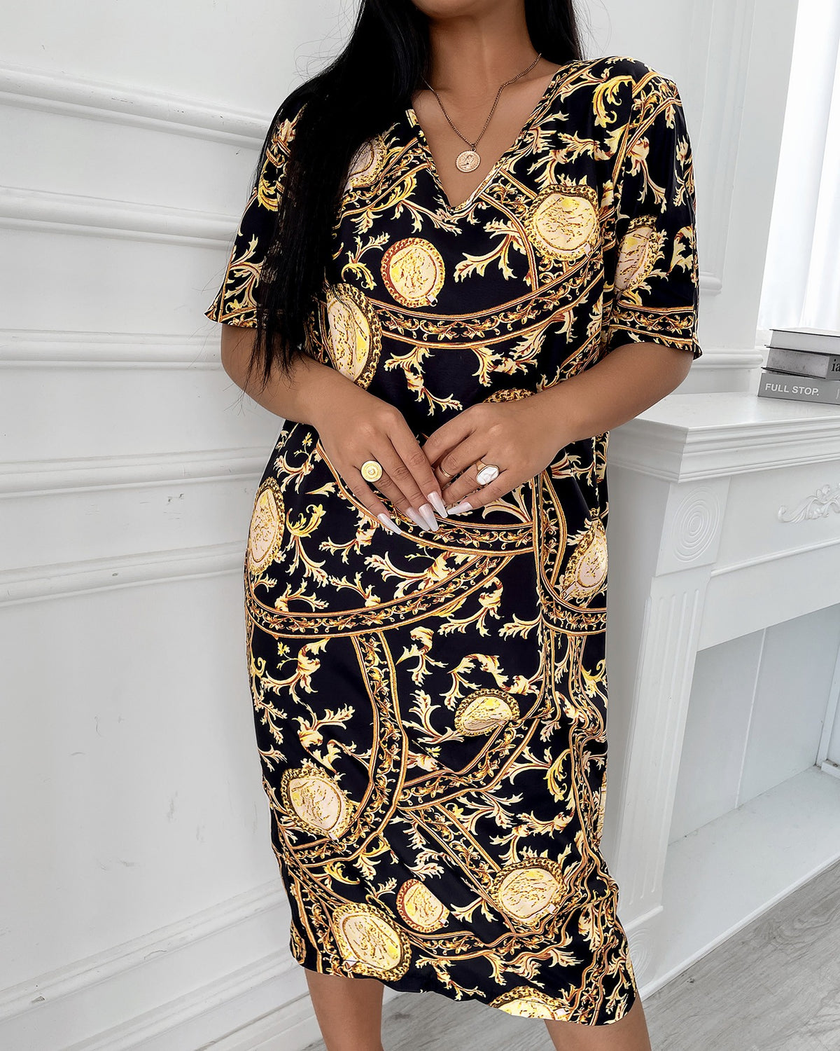 Baroque All Over Print V-Neck Casual Dress