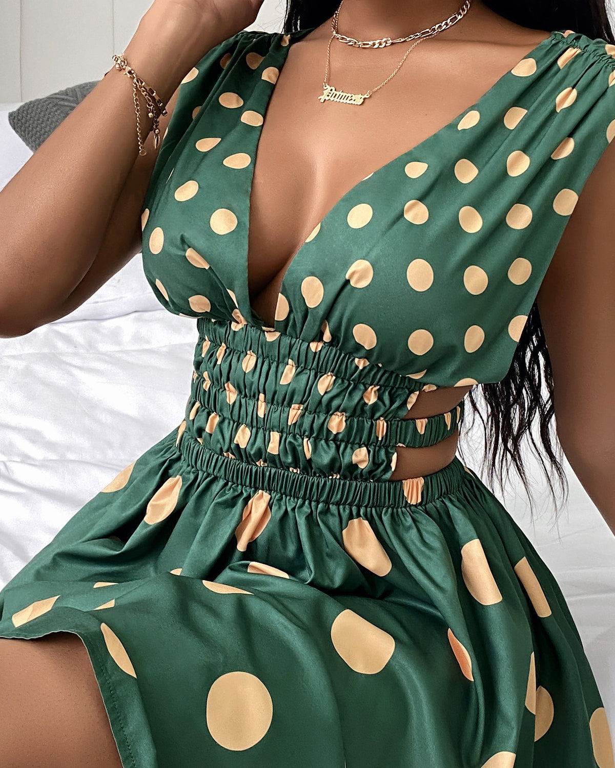 Cutout Waist Plunge Polkadot Print Dress