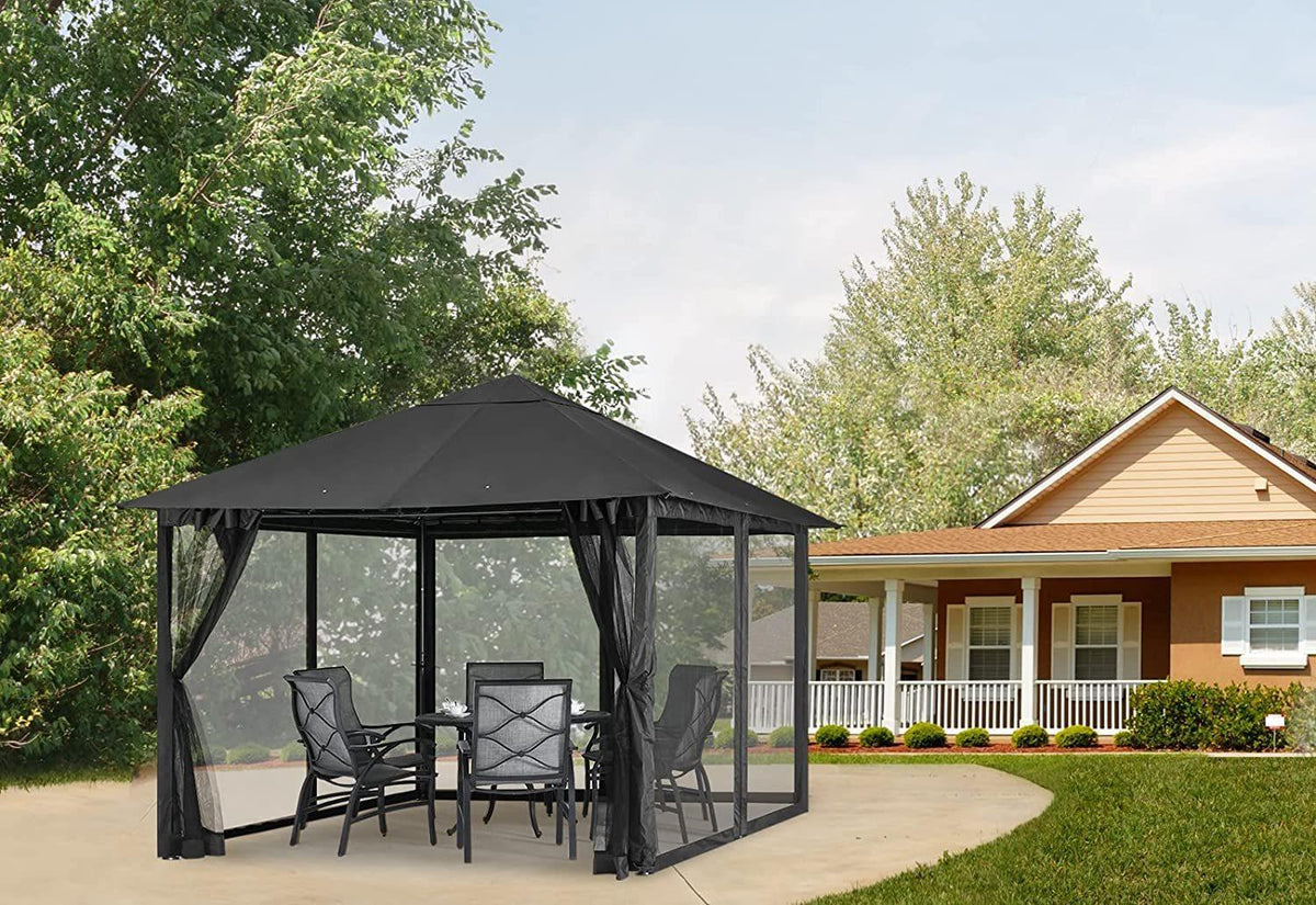 Dark Grey Outdoor 11x11ft Patio Garden Canopy Gazebo with Mosquito Net