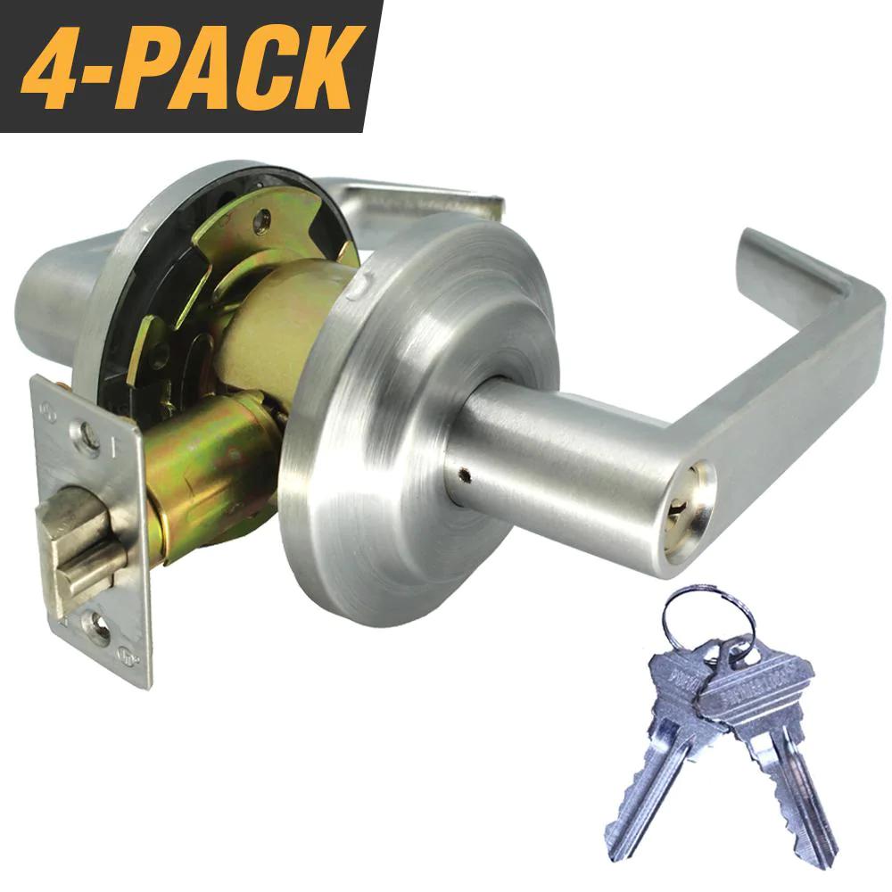 Heavy-Duty Satin Chrome Grade 2 Entry Door Lever Lock Set with 9 Keys Total (4-Pack Keyed Differently w/ Key)