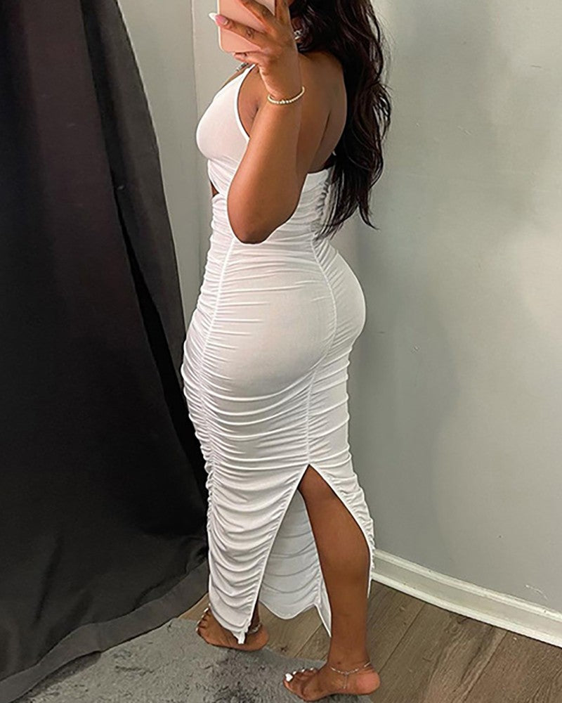 Halter Backless Cutout Ruched Slit Maxi Dress
