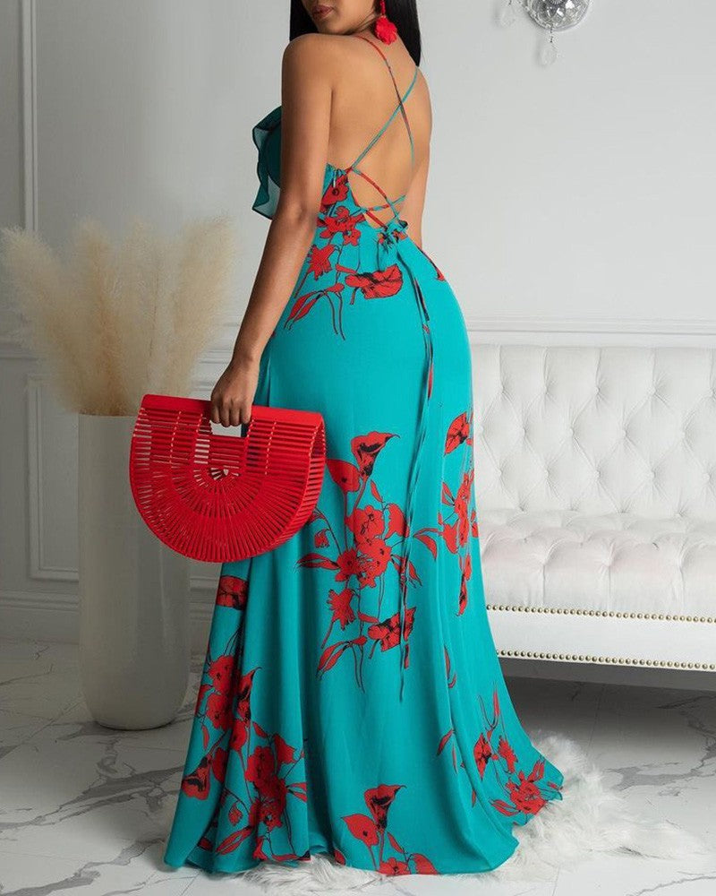 Backless Floral Print Tank Halter Ruffled Dress