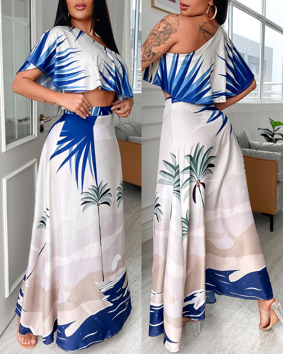 Tropical Print One Shoulder Ruffles Hem Top & Maxi Skirt Set