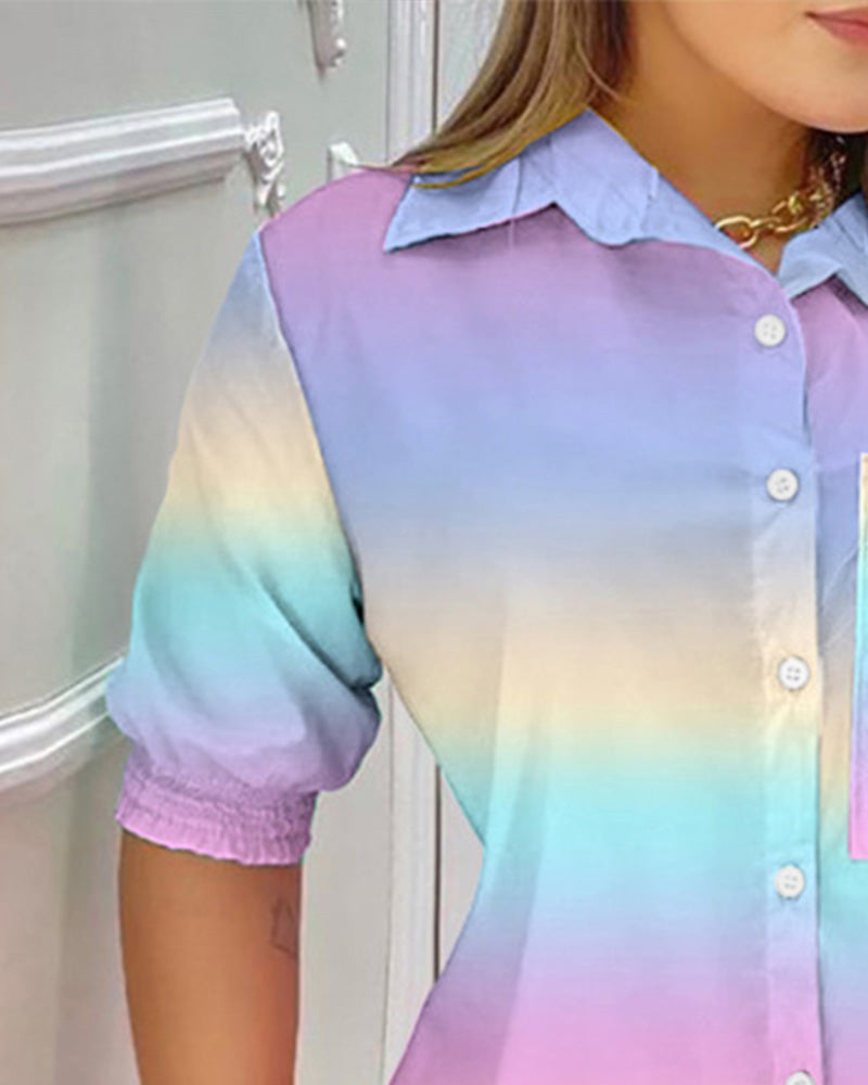 Color Pocket Design Buttoned Shirt Dress