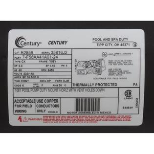Motor, Century/WW, 2hp, 115/230v, , 1-Spd, 56Fr, SQFL, Up Rate
