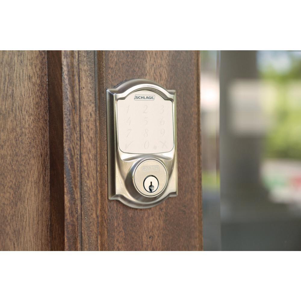 Camelot Satin Nickel Sense Smart Door Lock with Left Handed Flair Lever Door Handleset
