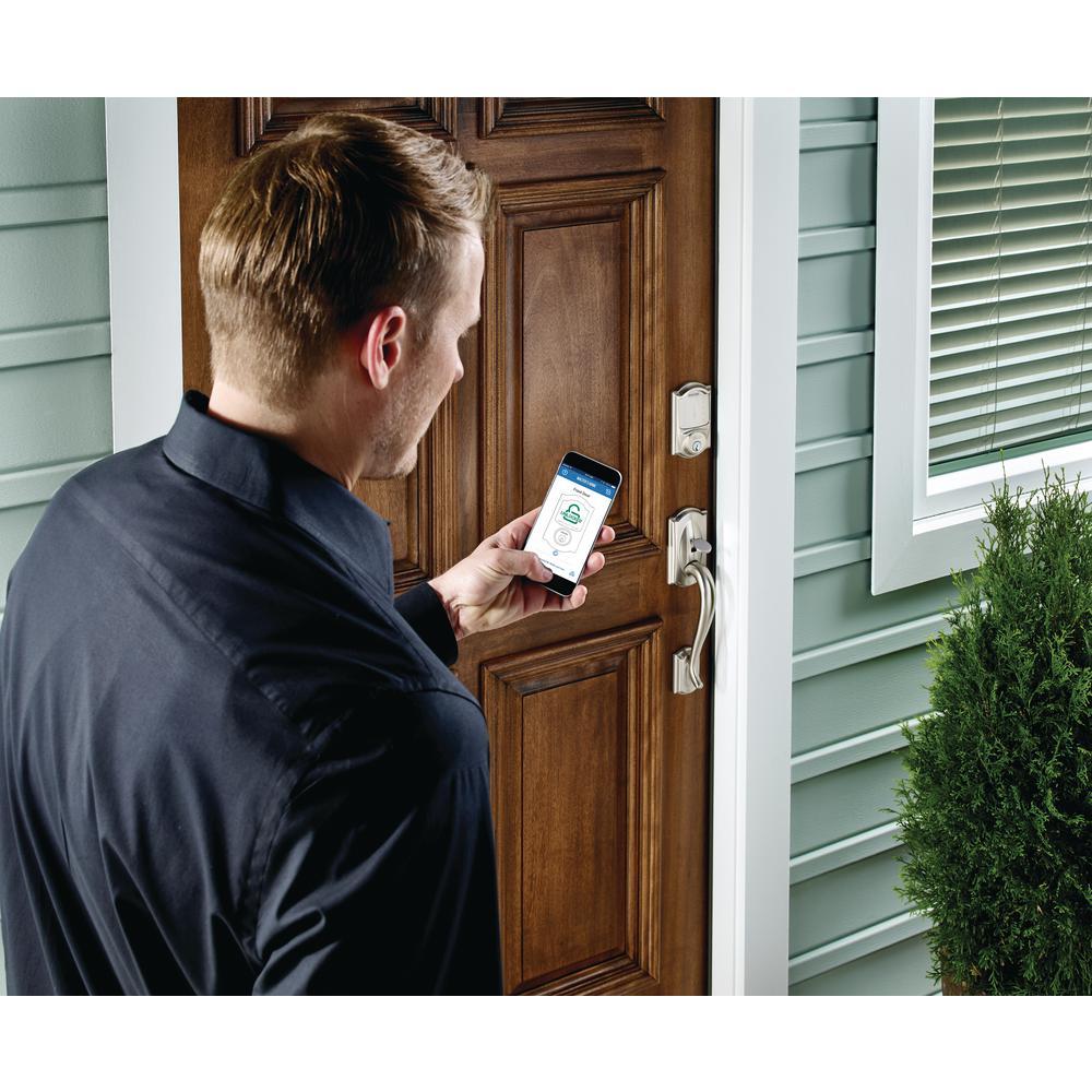 Camelot Satin Nickel Sense Smart Door Lock with Left Handed Flair Lever Door Handleset