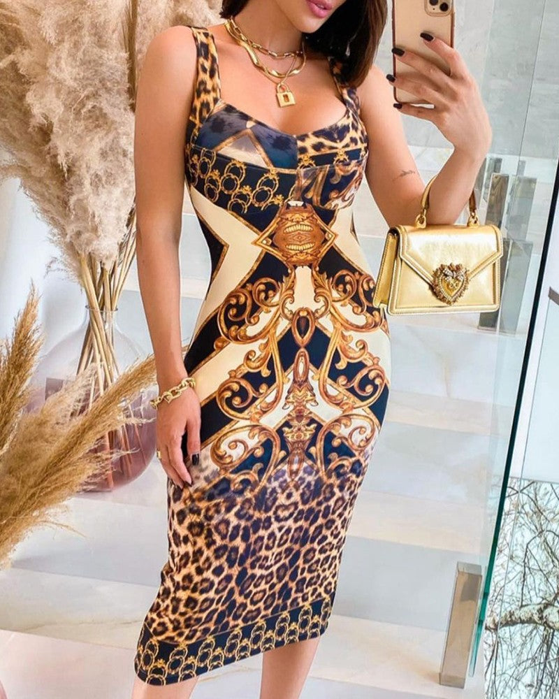Cheetah Print Color Midi Dress Sleeveless Thick Strap Slim Bodycon Dress