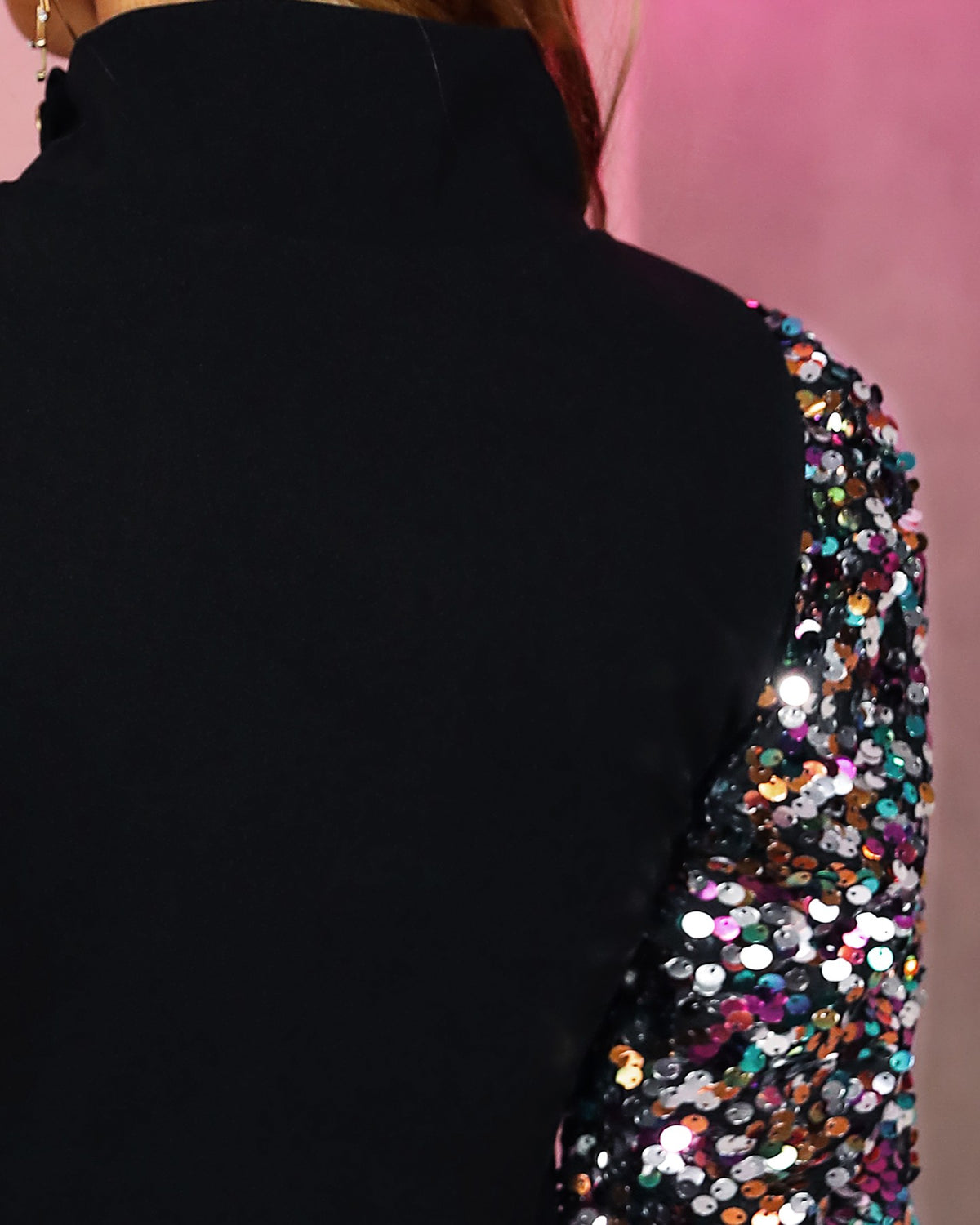 Color rt Mock Neck Lantern Sleeve Sequins Dress