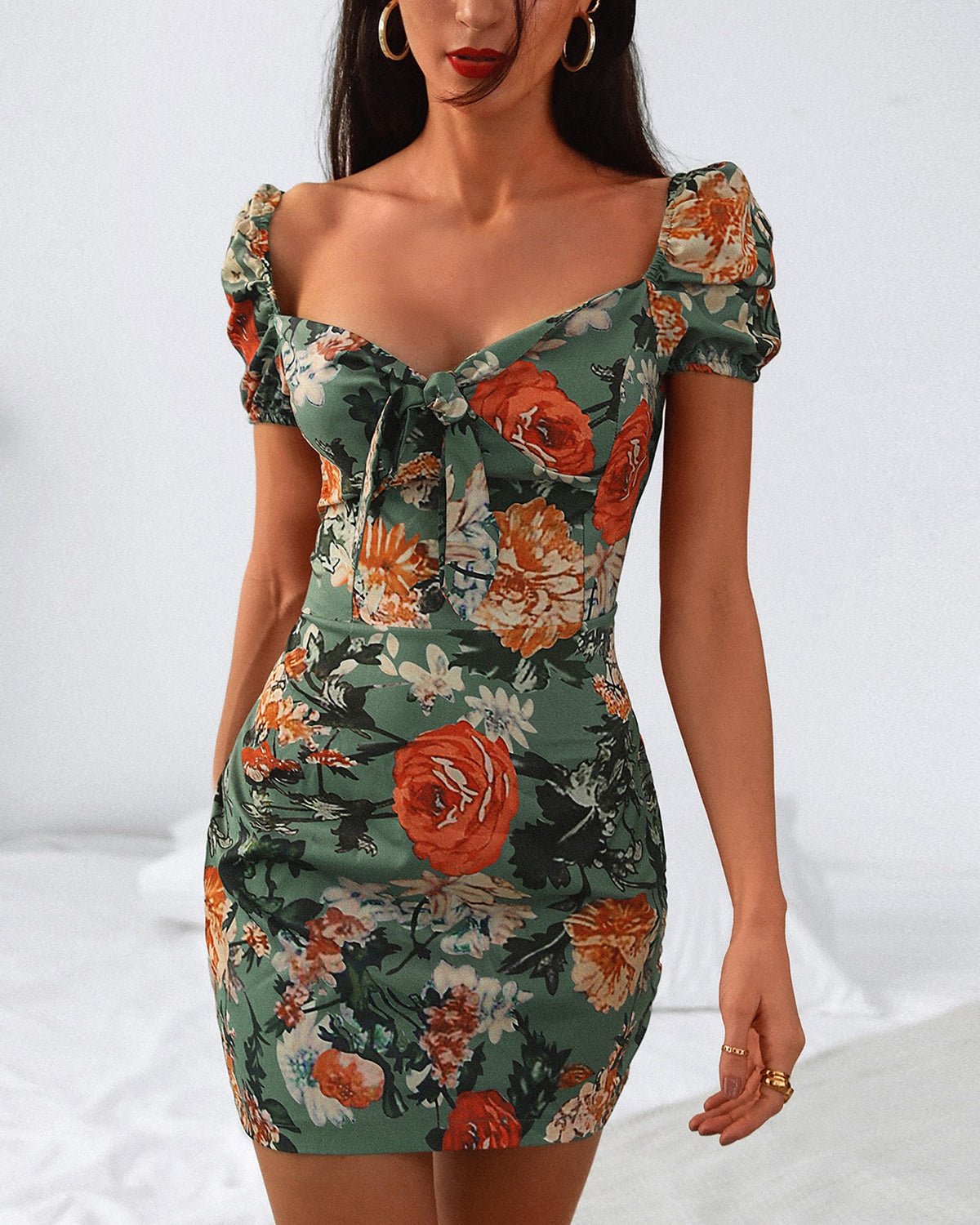 Floral Square Neck Tie Front Dress