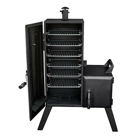 Charcoal Offset Smoker Vertical BBQ Burner Wood Chip Box Heavy Duty Steel Black