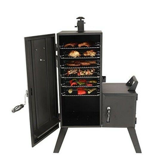 Charcoal Offset Smoker Vertical BBQ Burner Wood Chip Box Heavy Duty Steel Black