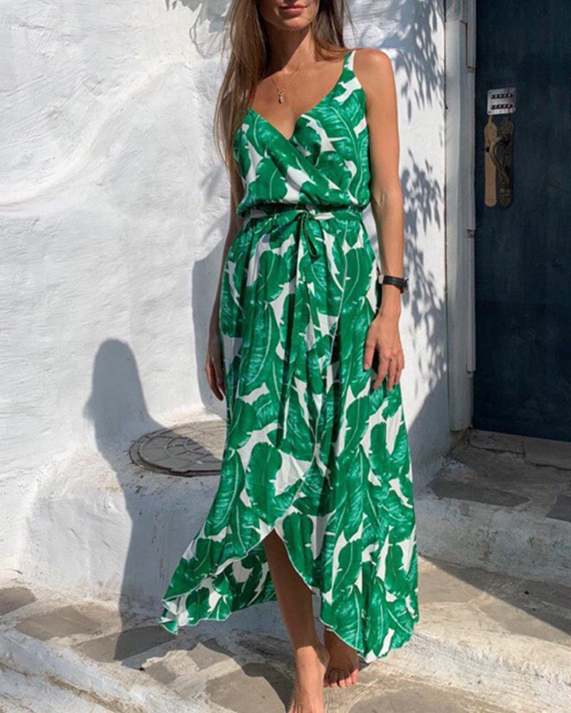 Leaf Print Tie Waist Midi Dress