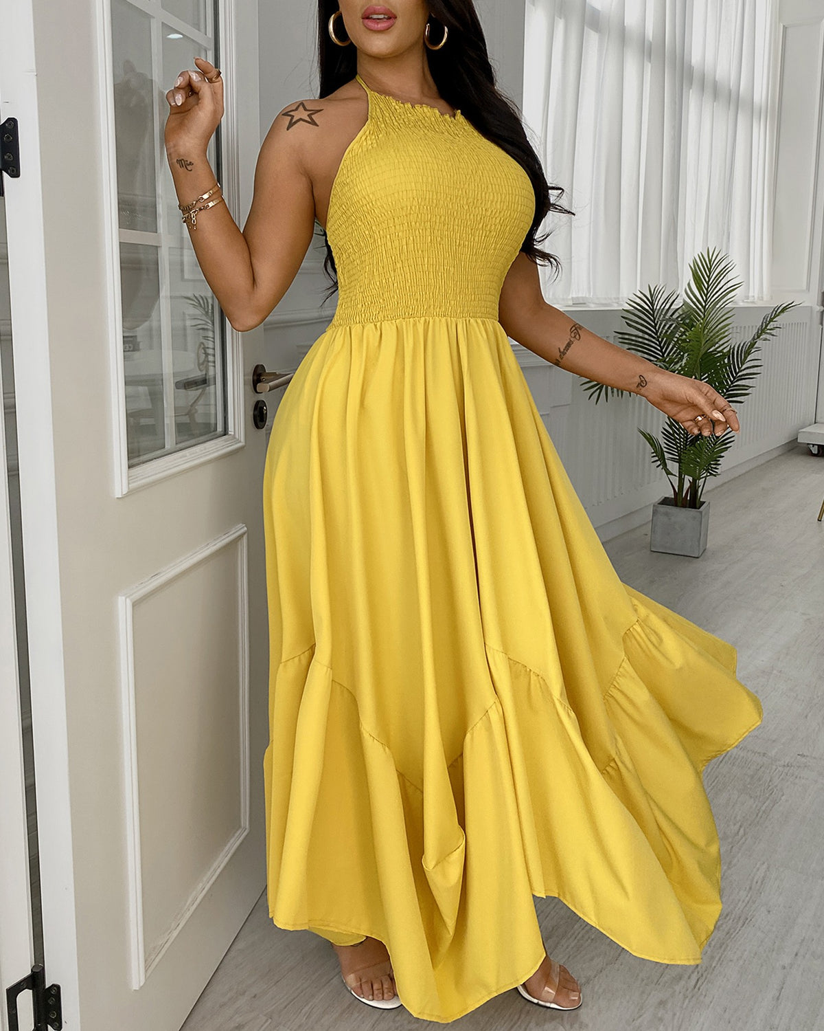 Plain Sleeveless Ruched Maxi Dress