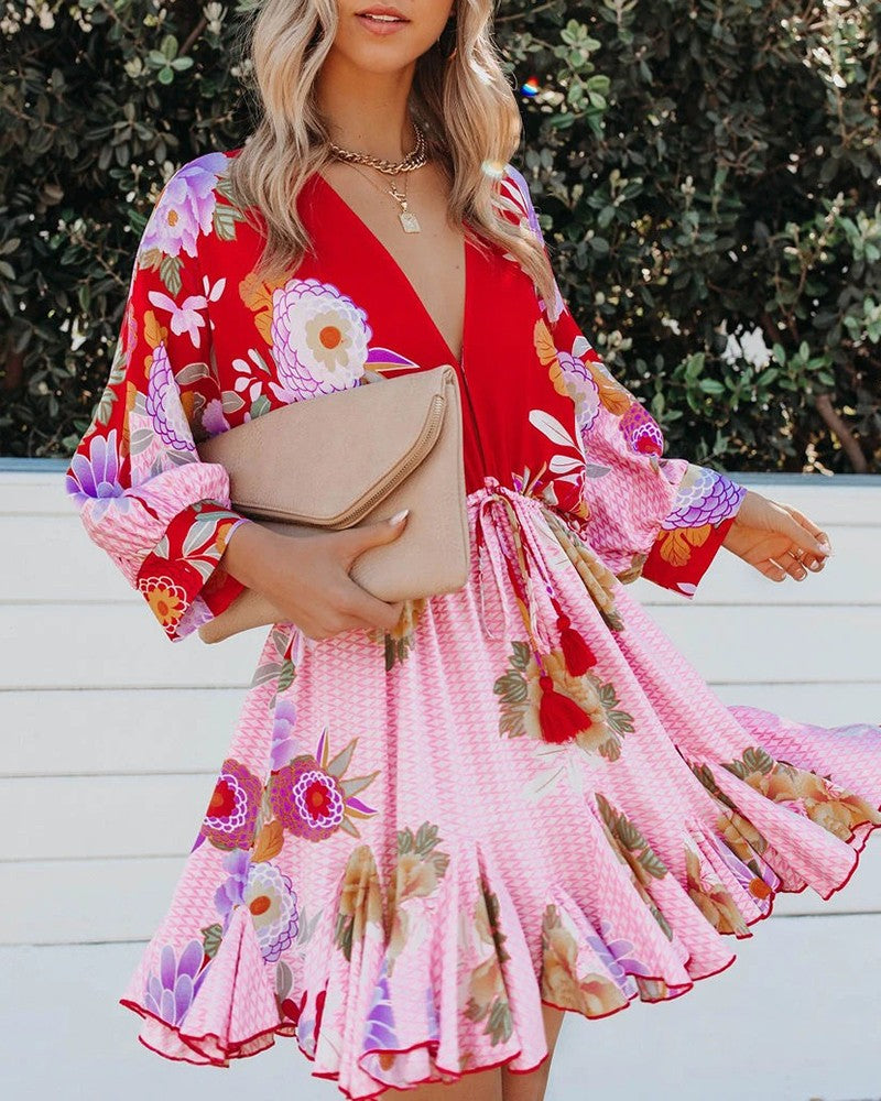 Floral Print Ruffles Hem Lantern Sleeve Casual Dress