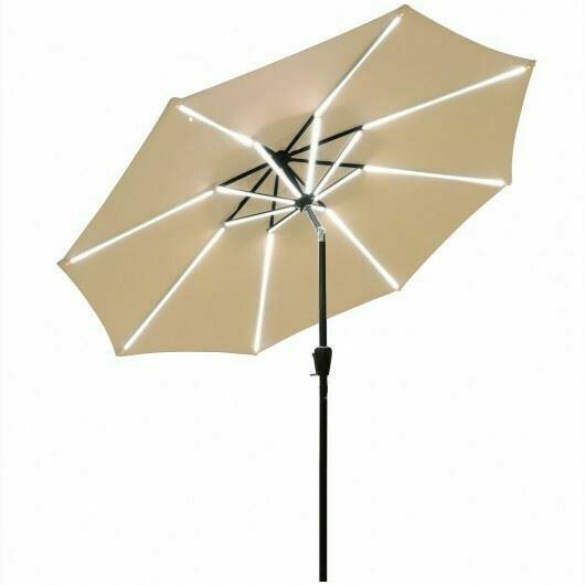Durable 9' Solar LED Market Umbrella w/Aluminum Crank Tilt 16 Strip Lights-Beige