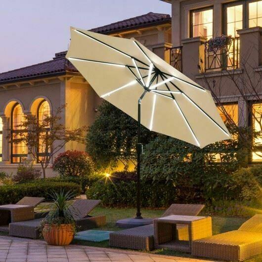 Durable 9' Solar LED Market Umbrella w/Aluminum Crank Tilt 16 Strip Lights-Beige