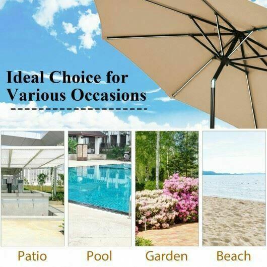 Durable 9' Solar LED Market Umbrella w/Aluminum Crank Tilt 16 Strip Lights-Beige