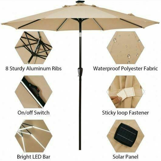 Durable 9' Solar LED Market Umbrella w/Aluminum Crank Tilt 16 Strip Lights-Beige