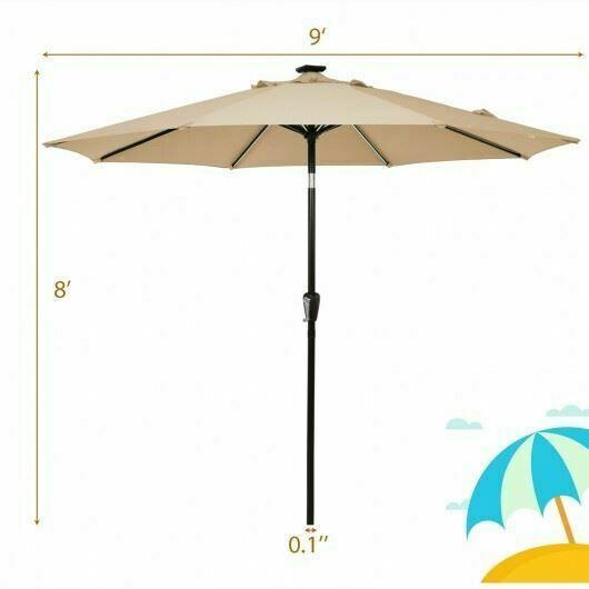 Durable 9' Solar LED Market Umbrella w/Aluminum Crank Tilt 16 Strip Lights-Beige