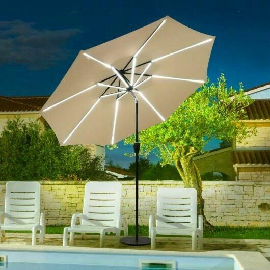 Durable 9' Solar LED Market Umbrella w/Aluminum Crank Tilt 16 Strip Lights-Beige