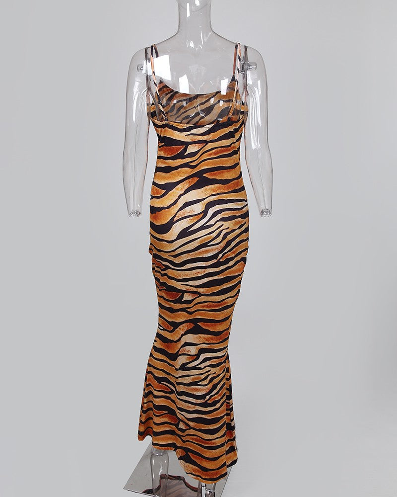 Tiger Print Square Neck Spaghetti Strap Maxi Dress