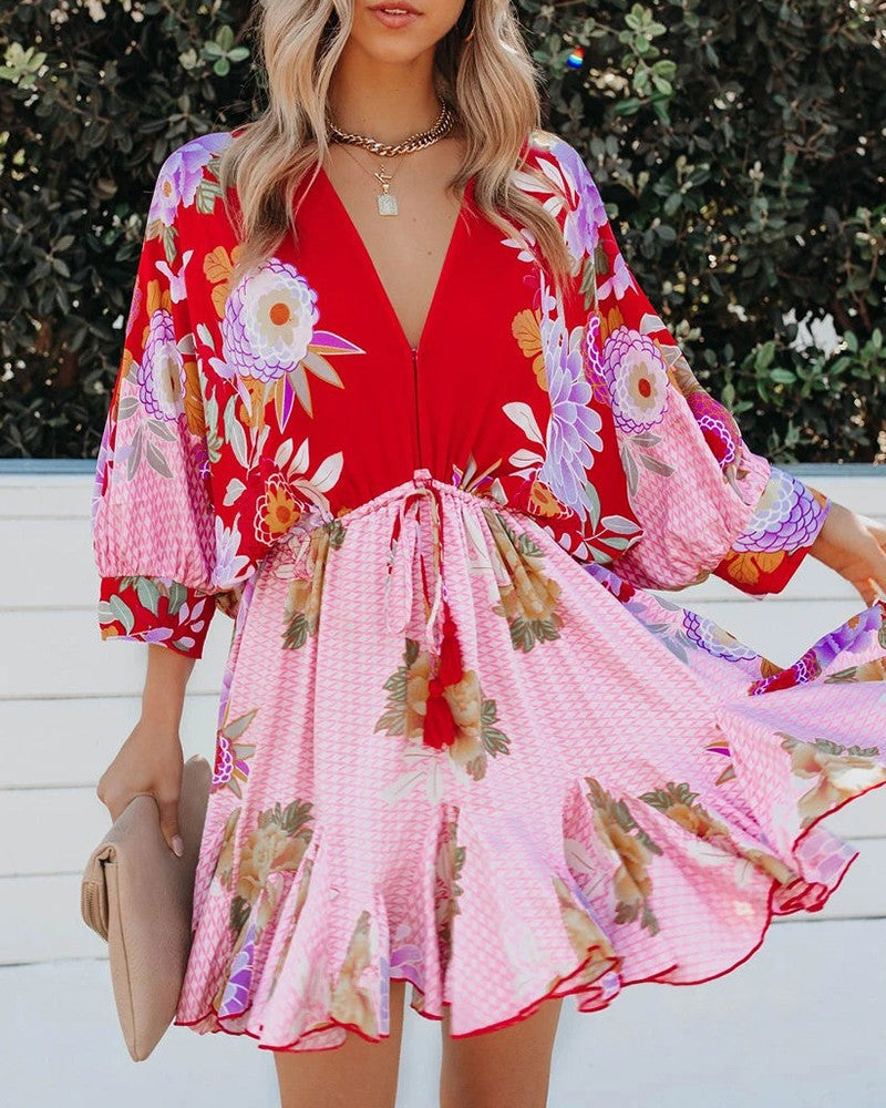 Floral Print Ruffles Hem Lantern Sleeve Casual Dress