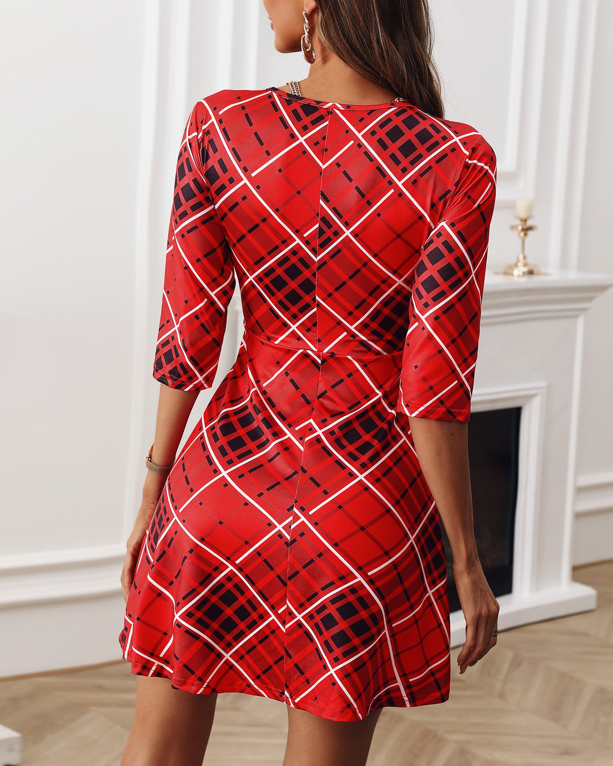 Half Sleeve Plaid Casual Flared Women Dress
