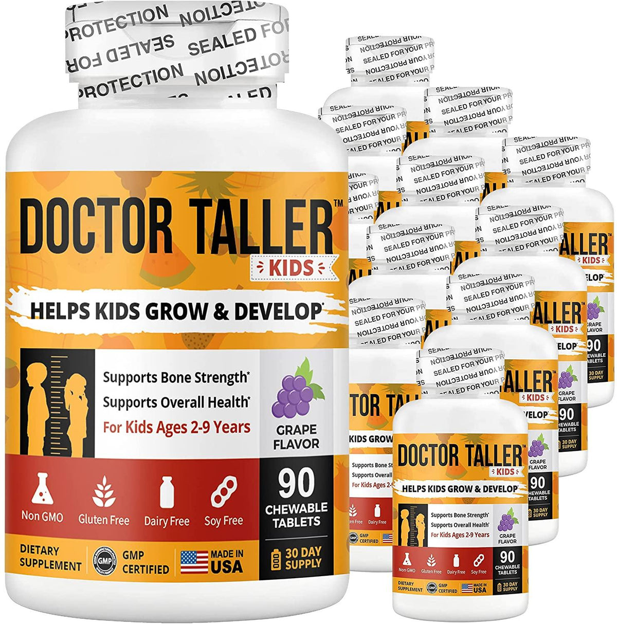 Doctor Taller Kids - Supplement Kids with Multivitamins and Multiminerals for Optimal Health - for Kids Ages 2 to 9 - Grape Flavor - 90 Vegan Chewable Tablets (Pack of 12)