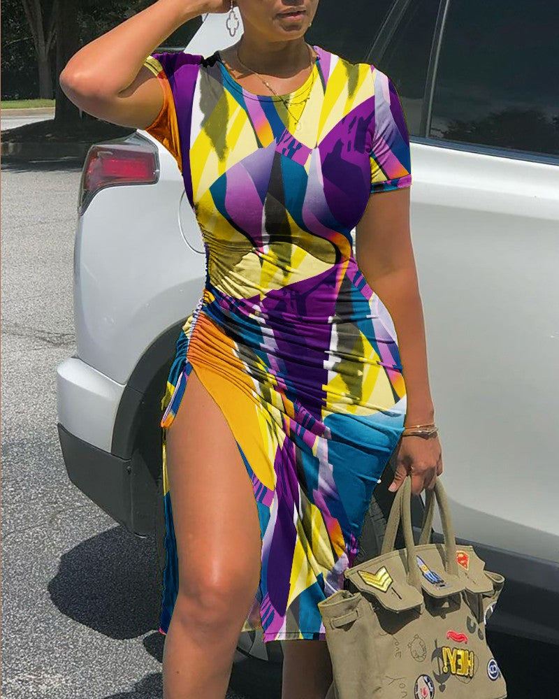 Color Short Sleeve Drawstring Ruched Slit ny Dress